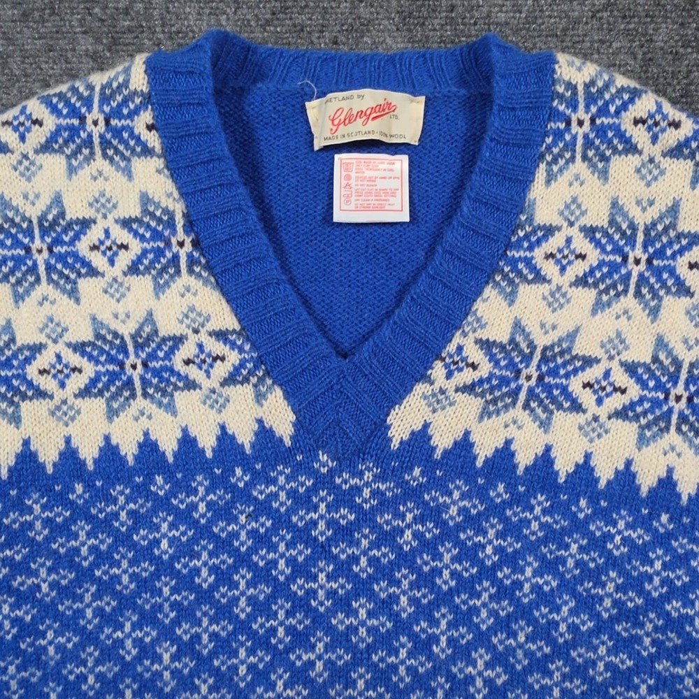 Glengair Fair Isle Sweater Womens M Blue Scottish Wool Birds Eye Scotland READ